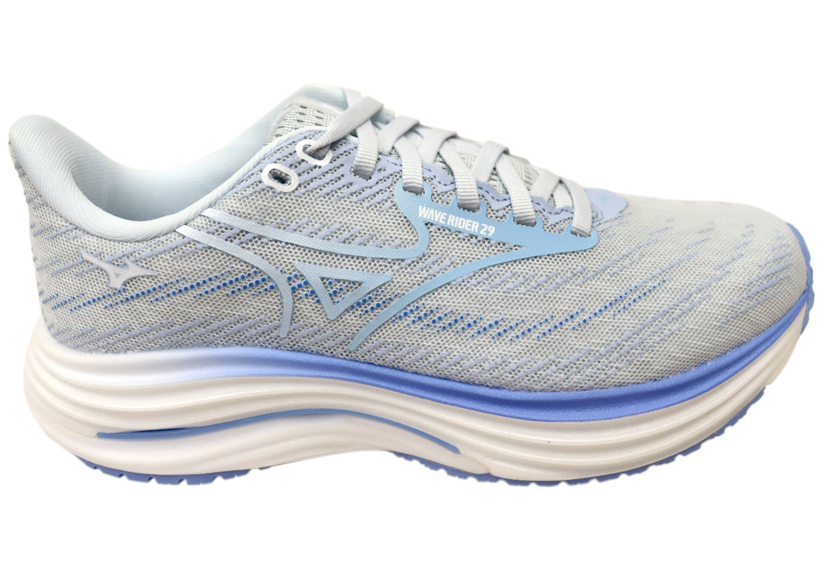 Mizuno Womens Wave Rider 29 D Wide Width Running Shoes Grey Blue